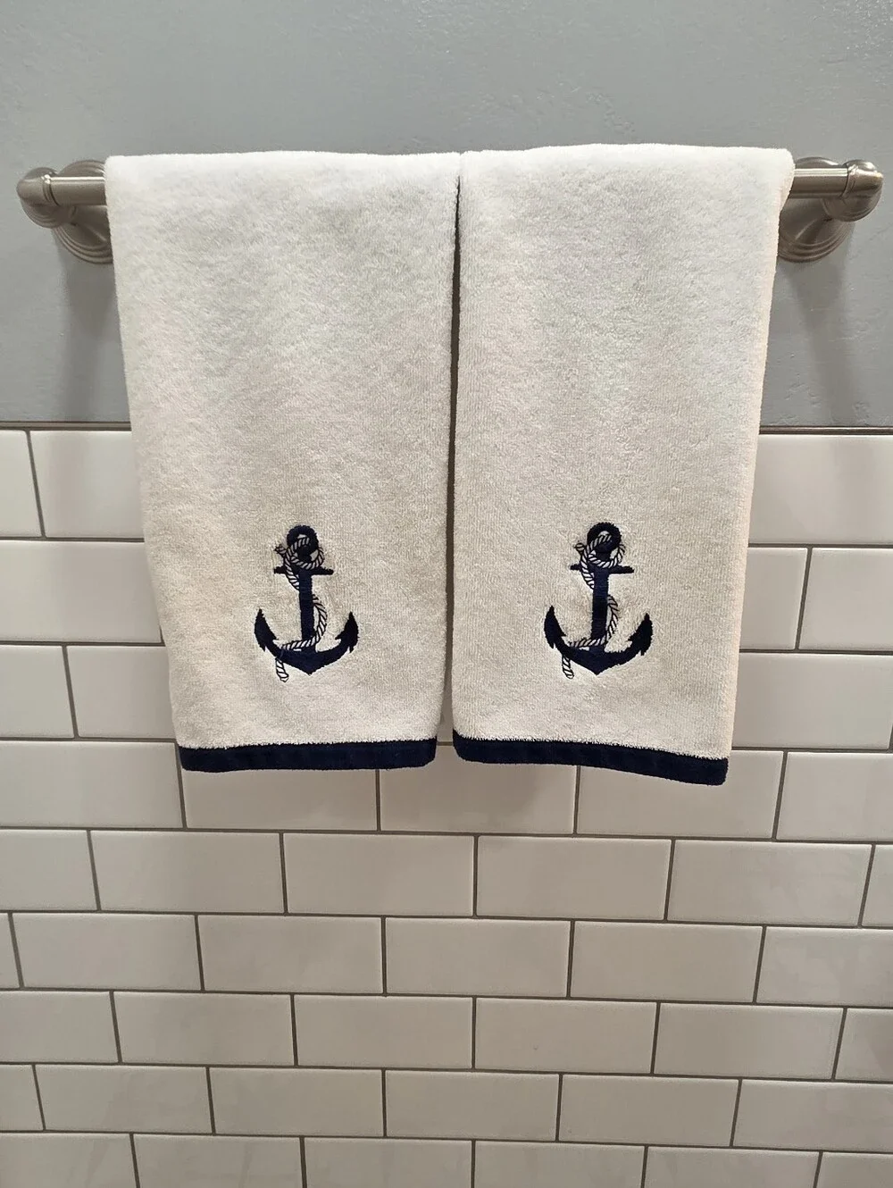 White Hand Towel Set - 2 Set - Nautical Embroidered Anchors Blue & White